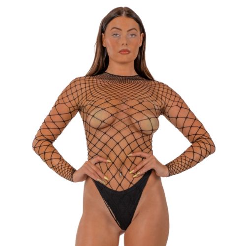 Lace by LJ Fence Net Long Sleeved Thong Bodysuit Black from Nice 'n' Naughty