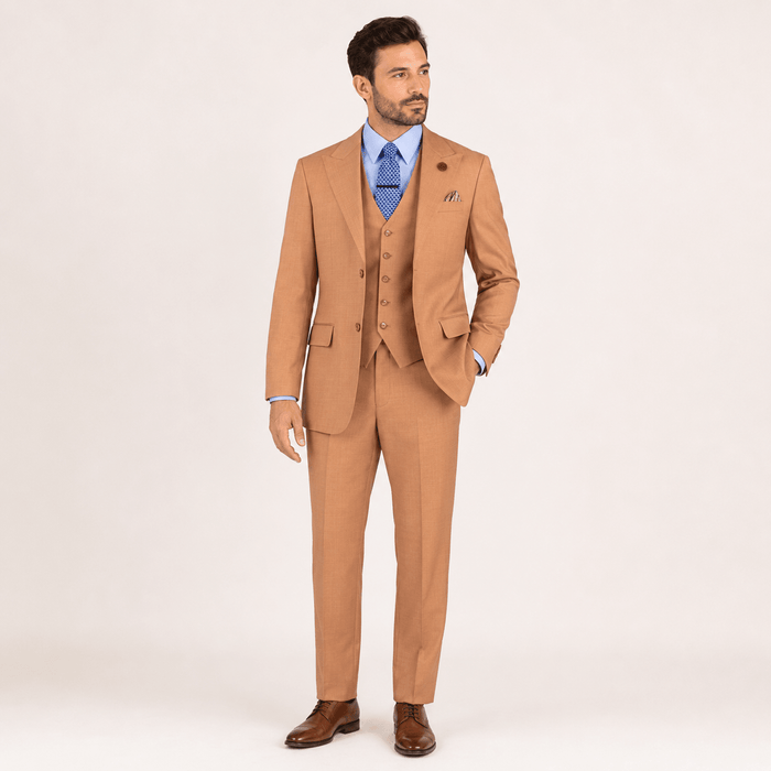 Light Amber Textured Regular Fit 3-Piece Suit – Bellavere Collection - Upscale Men's Fashion