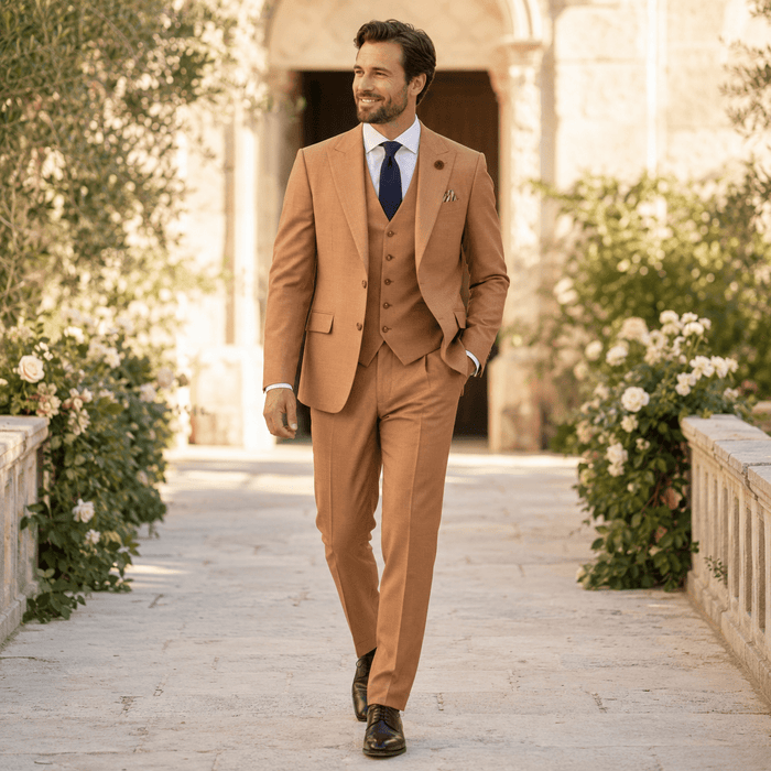 Light Amber Textured Regular Fit 3-Piece Suit – Bellavere Collection - Upscale Men's Fashion