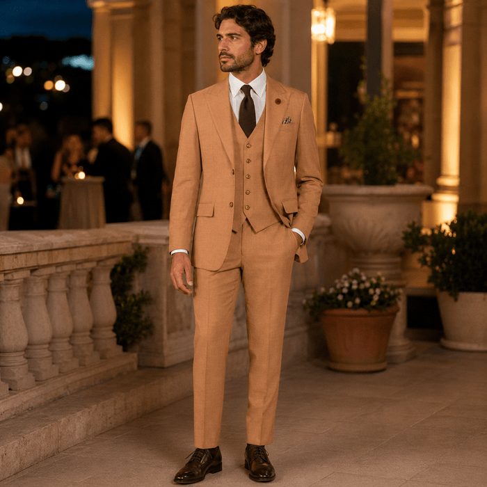 Light Amber Textured Regular Fit 3-Piece Suit – Bellavere Collection - Upscale Men's Fashion
