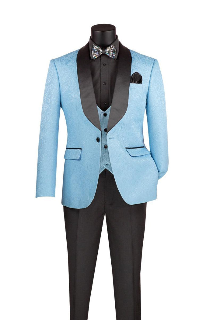 Light Blue Slim Fit Jacquard 3-Piece Tuxedo with Shawl Lapel – Rivoli Collection - Upscale Men's Fashion