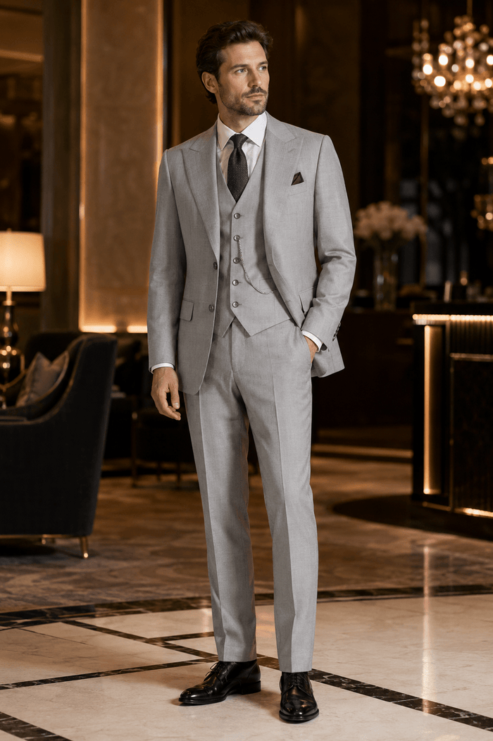 Light Gray Textured Regular Fit 3-Piece Suit – Bellavere Collection - Upscale Men's Fashion
