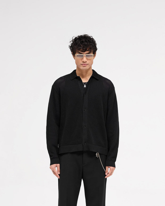 Long Sleeve Mesh Knit Shirt - Jet Black
