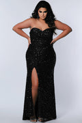 Long Strapless Black Sequin Plus Size Formal Dress with Slit