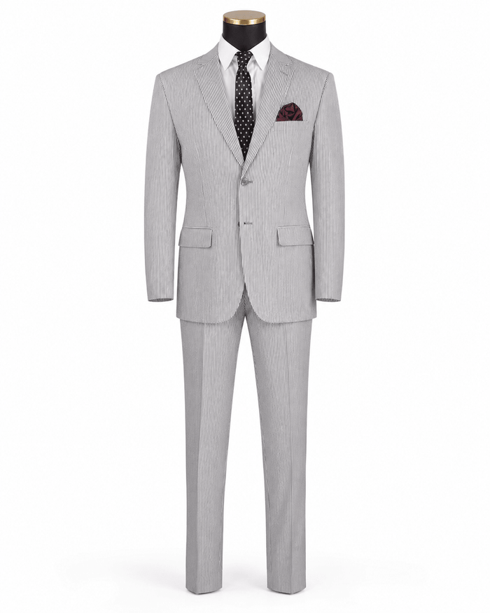 MEN'S 2PC SEERSUCKER MODERN FIT SUIT IN BLACK PINSTRIPE - Upscale Men's Fashion