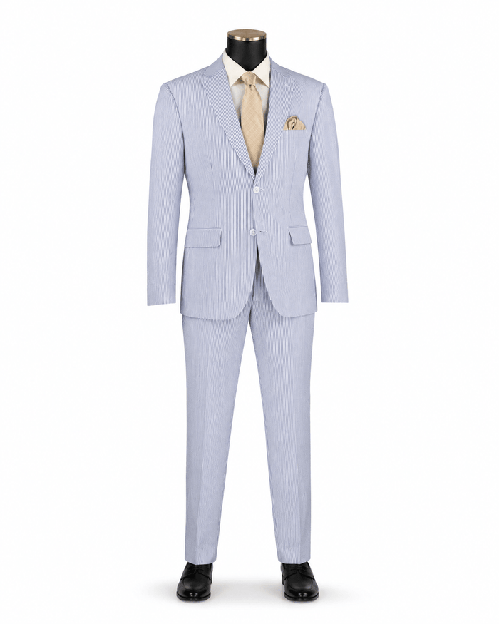MEN'S 2PC SEERSUCKER MODERN FIT SUIT IN BLUE PINSTRIPE - Upscale Men's Fashion