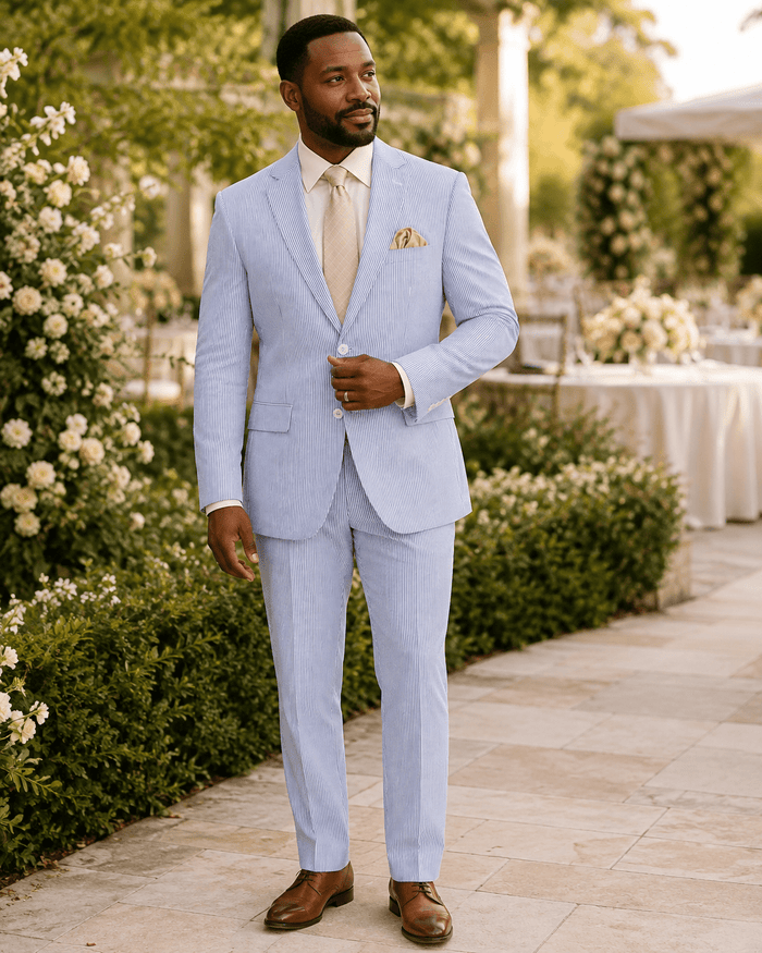 MEN'S 2PC SEERSUCKER MODERN FIT SUIT IN BLUE PINSTRIPE - Upscale Men's Fashion