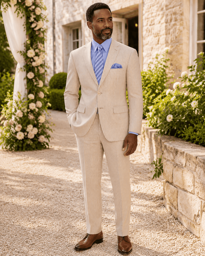 MEN'S 2PC SEERSUCKER MODERN FIT SUIT IN TAN PINSTRIPE - Upscale Men's Fashion