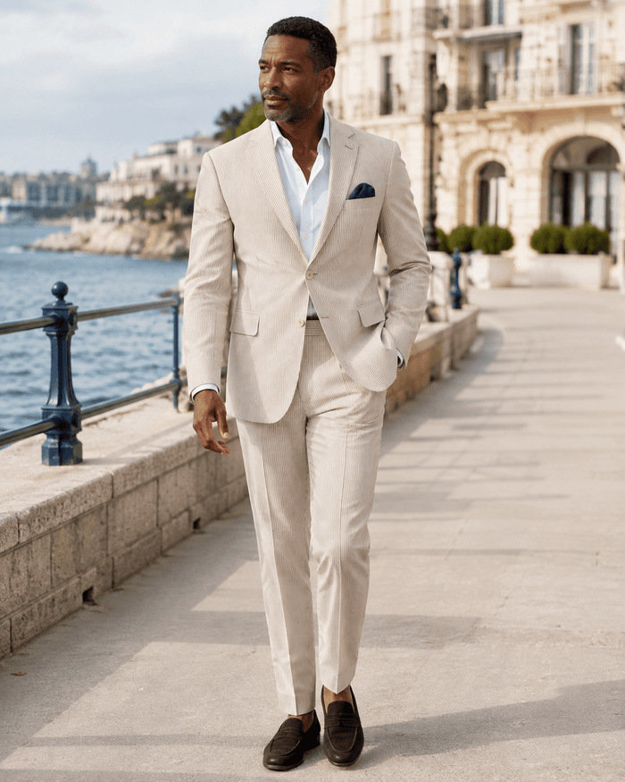 MEN'S 2PC SEERSUCKER MODERN FIT SUIT IN TAN PINSTRIPE - Upscale Men's Fashion
