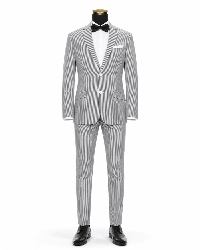 MEN'S 2PC SUMMER SEERSUCKER SLIM FIT SUIT IN BLACK PINSTRIPE - Upscale Men's Fashion
