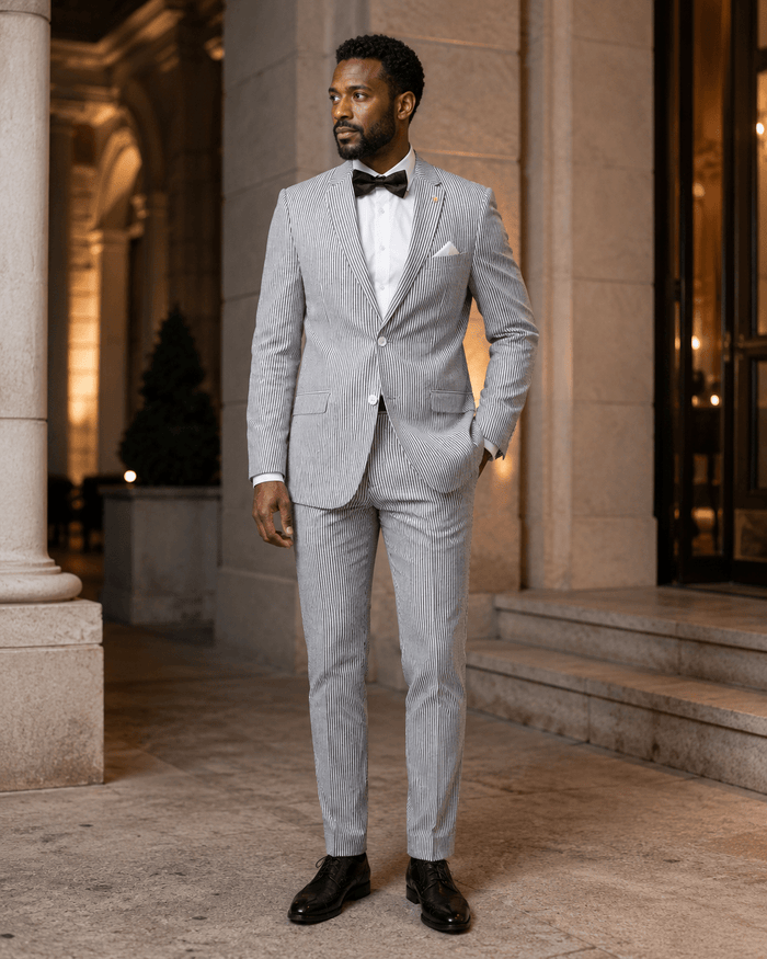 MEN'S 2PC SUMMER SEERSUCKER SLIM FIT SUIT IN BLACK PINSTRIPE - Upscale Men's Fashion