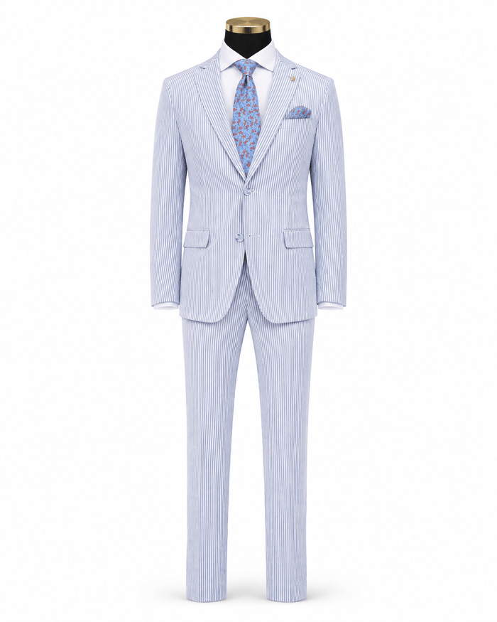 MEN'S 2PC SUMMER SEERSUCKER SLIM FIT SUIT IN BLUE PINSTRIPE - Upscale Men's Fashion