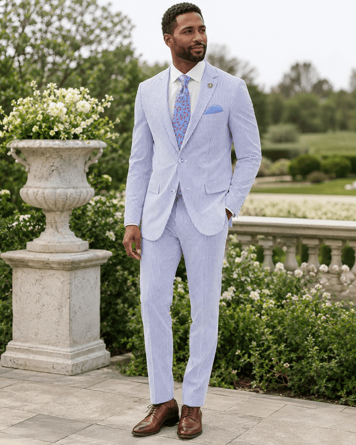 MEN'S 2PC SUMMER SEERSUCKER SLIM FIT SUIT IN BLUE PINSTRIPE - Upscale Men's Fashion