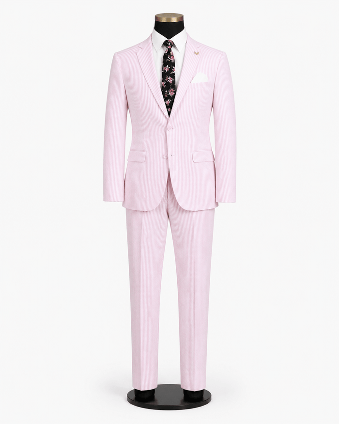MEN'S 2PC SUMMER SEERSUCKER SLIM FIT SUIT IN PINK PINSTRIPE - Upscale Men's Fashion