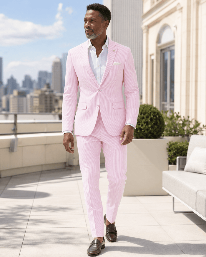 MEN'S 2PC SUMMER SEERSUCKER SLIM FIT SUIT IN PINK PINSTRIPE - Upscale Men's Fashion