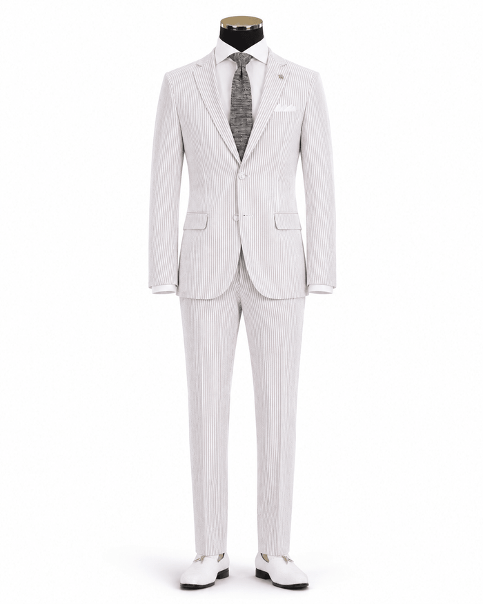 MEN'S 2PC SUMMER SEERSUCKER SLIM FIT SUIT IN TAN PINSTRIPE - Upscale Men's Fashion