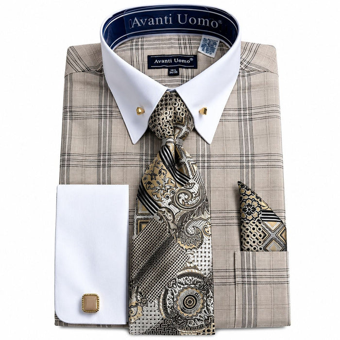 Men's Beige Glen Plaid French Cuff Dress Shirt Set - Upscale Men's Fashion