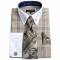 Men's Beige Glen Plaid French Cuff Dress Shirt Set - Upscale Men's Fashion