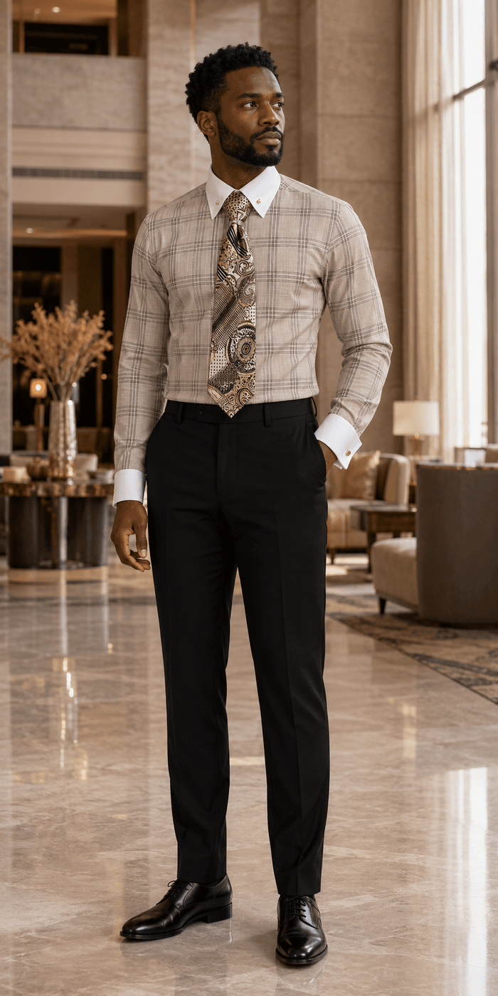 Men's Beige Glen Plaid French Cuff Dress Shirt Set - Upscale Men's Fashion