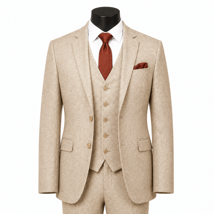Men's Beige Hybrid Fit 3-Piece Tweed Suit | Alveron Collection - Upscale Men's Fashion