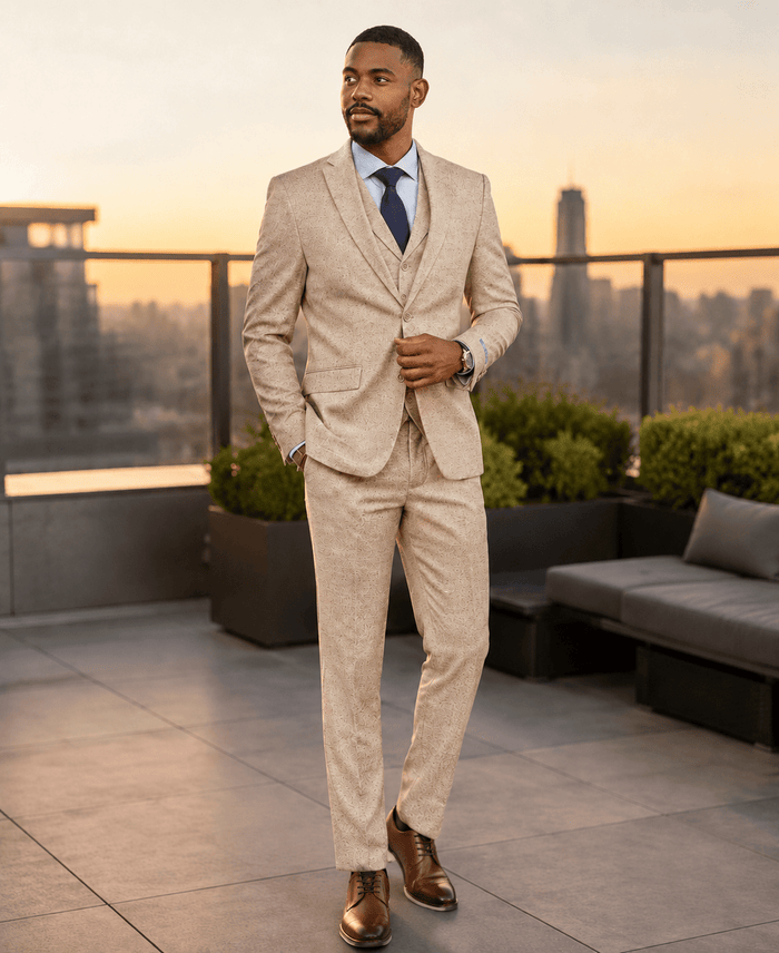 Men's Beige Hybrid Fit 3-Piece Tweed Suit | Alveron Collection - Upscale Men's Fashion