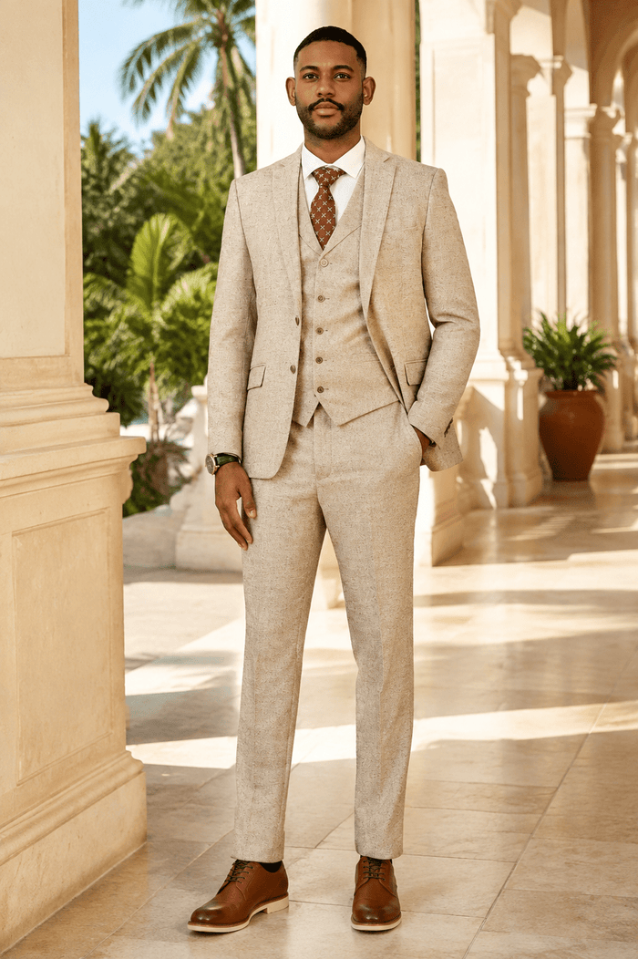 Men's Beige Hybrid Fit 3-Piece Tweed Suit | Alveron Collection - Upscale Men's Fashion