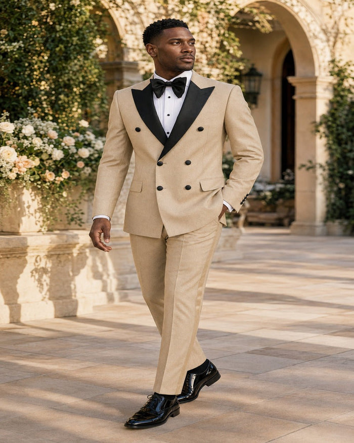 Men's Beige Modern Fit Double-Breasted 2-Piece Tuxedo – Castello Collection - Upscale Men's Fashion