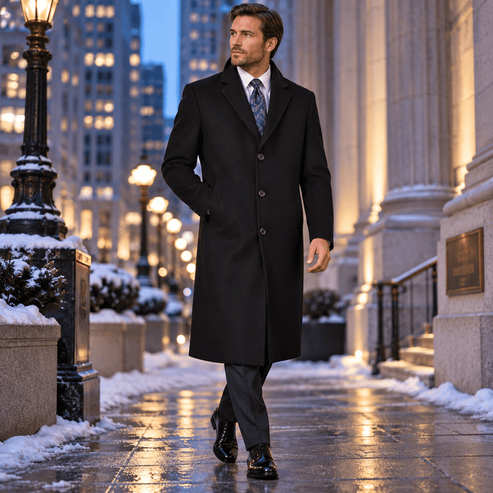Men's Black 48" Full-Length Wool-Blend Topcoat – Nordic Collection - Upscale Men's Fashion