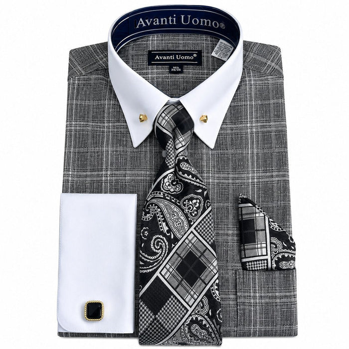 Men's Black Glen Plaid French Cuff Dress Shirt Set - Upscale Men's Fashion