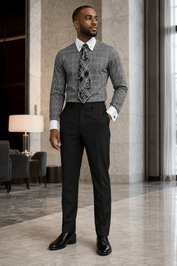 Men's Black Glen Plaid French Cuff Dress Shirt Set - Upscale Men's Fashion