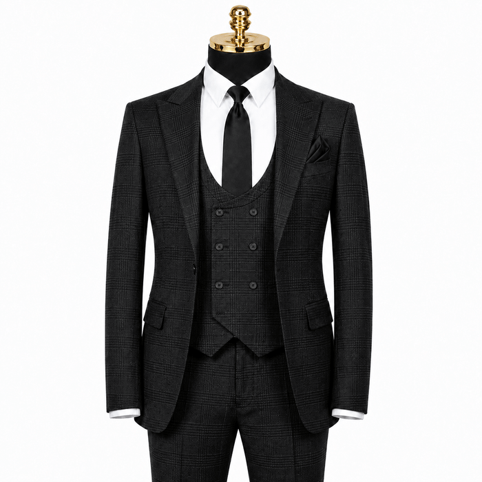 Men's Black Glen Plaid Slim Fit Stretch 3-Piece Suit - Upscale Men's Fashion