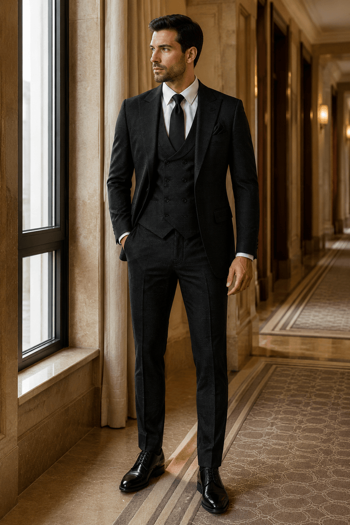Men's Black Glen Plaid Slim Fit Stretch 3-Piece Suit - Upscale Men's Fashion