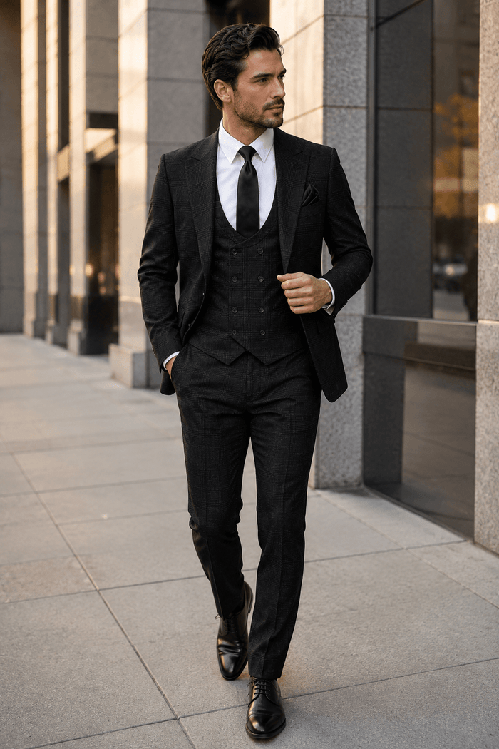 Men's Black Glen Plaid Slim Fit Stretch 3-Piece Suit - Upscale Men's Fashion