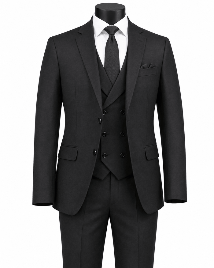 Men’s Black Modern Fit 3-Piece Suit with Double-Breasted Vest – Altavilla Collection - Upscale Men's Fashion