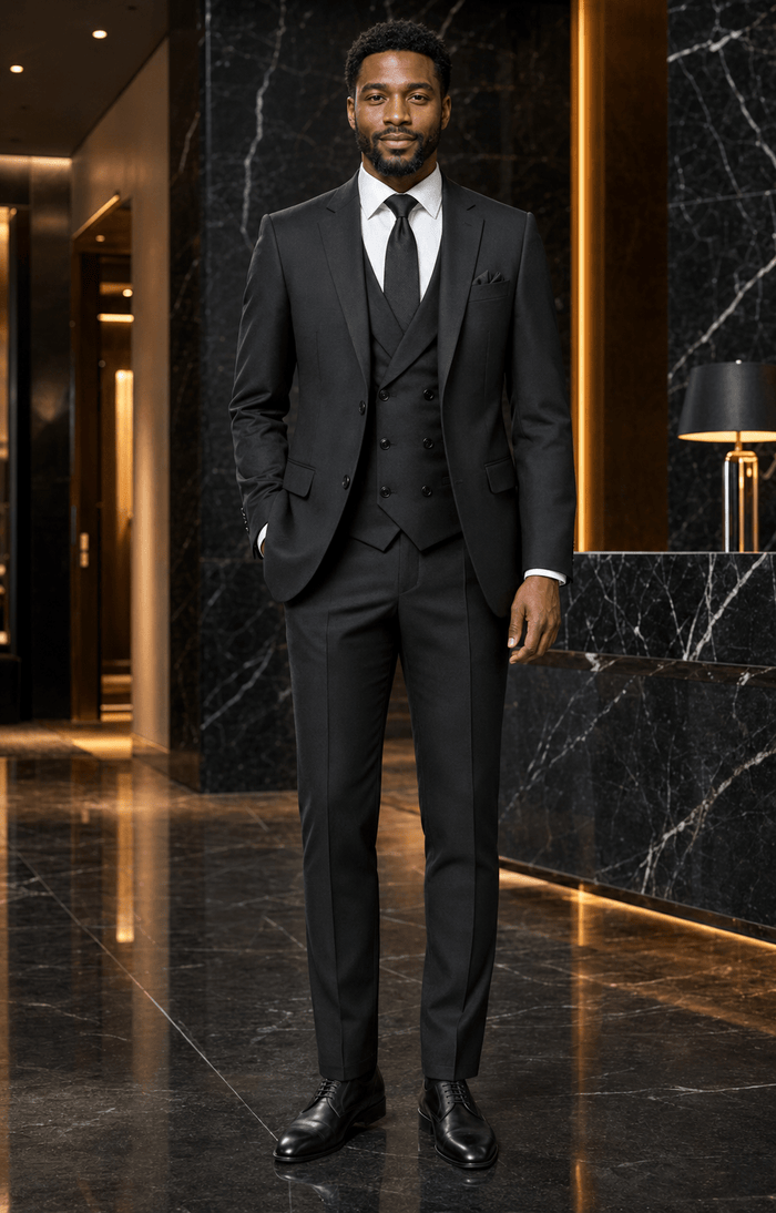 Men’s Black Modern Fit 3-Piece Suit with Double-Breasted Vest – Altavilla Collection - Upscale Men's Fashion