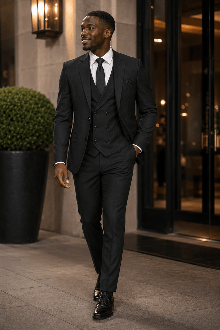Men’s Black Modern Fit 3-Piece Suit with Double-Breasted Vest – Altavilla Collection - Upscale Men's Fashion