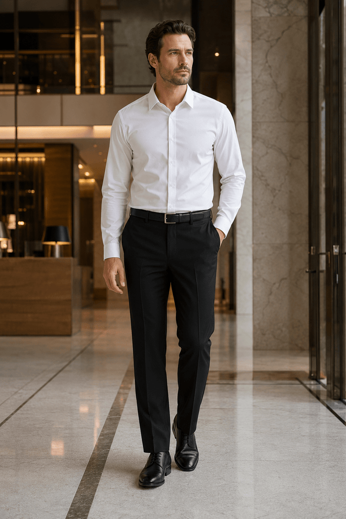 Men's Black Modern Fit Pre-Hemmed Dress Pants - Upscale Men's Fashion