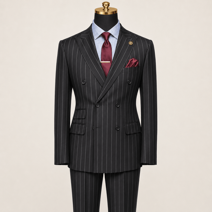 Men’s Black Pinstripe Regular Fit Double-Breasted Suit – Cavallo Collection - Upscale Men's Fashion