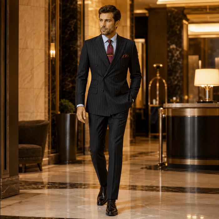 Men’s Black Pinstripe Regular Fit Double-Breasted Suit – Cavallo Collection - Upscale Men's Fashion
