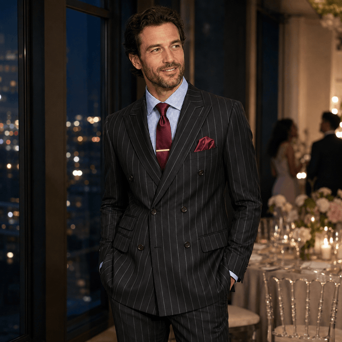 Men’s Black Pinstripe Regular Fit Double-Breasted Suit – Cavallo Collection - Upscale Men's Fashion
