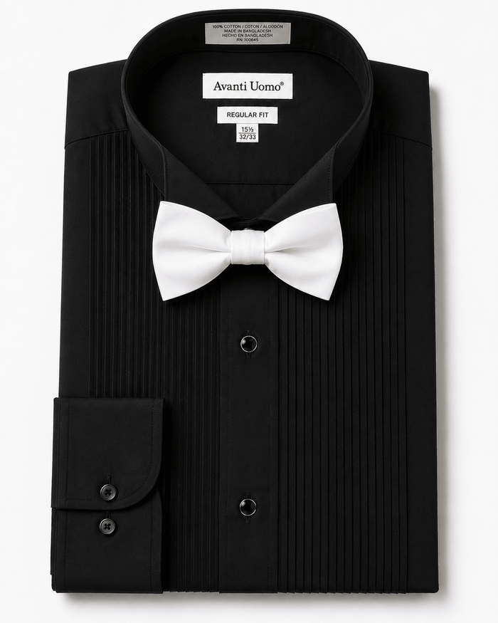 Men's Black Pleated Wing Collar Tuxedo Shirt – Regular Fit Convertible Cuff - Upscale Men's Fashion