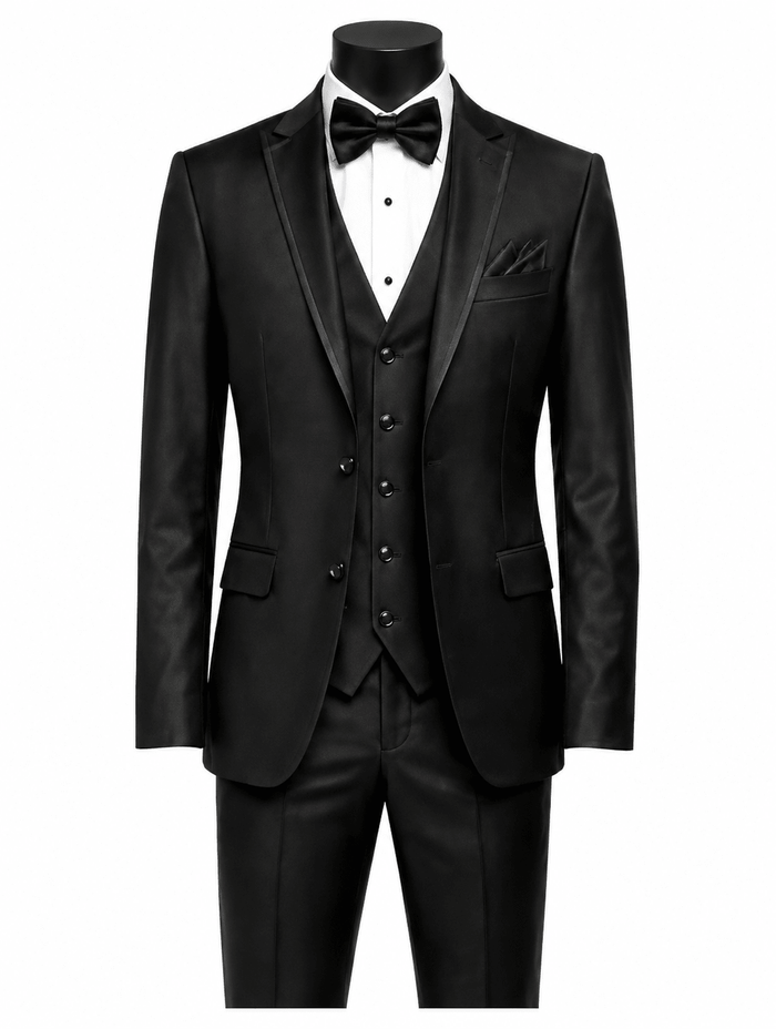 Men’s Black Slim Fit 3-Piece Satin-Look Suit with Vest – Valdoro Collection - Upscale Men's Fashion