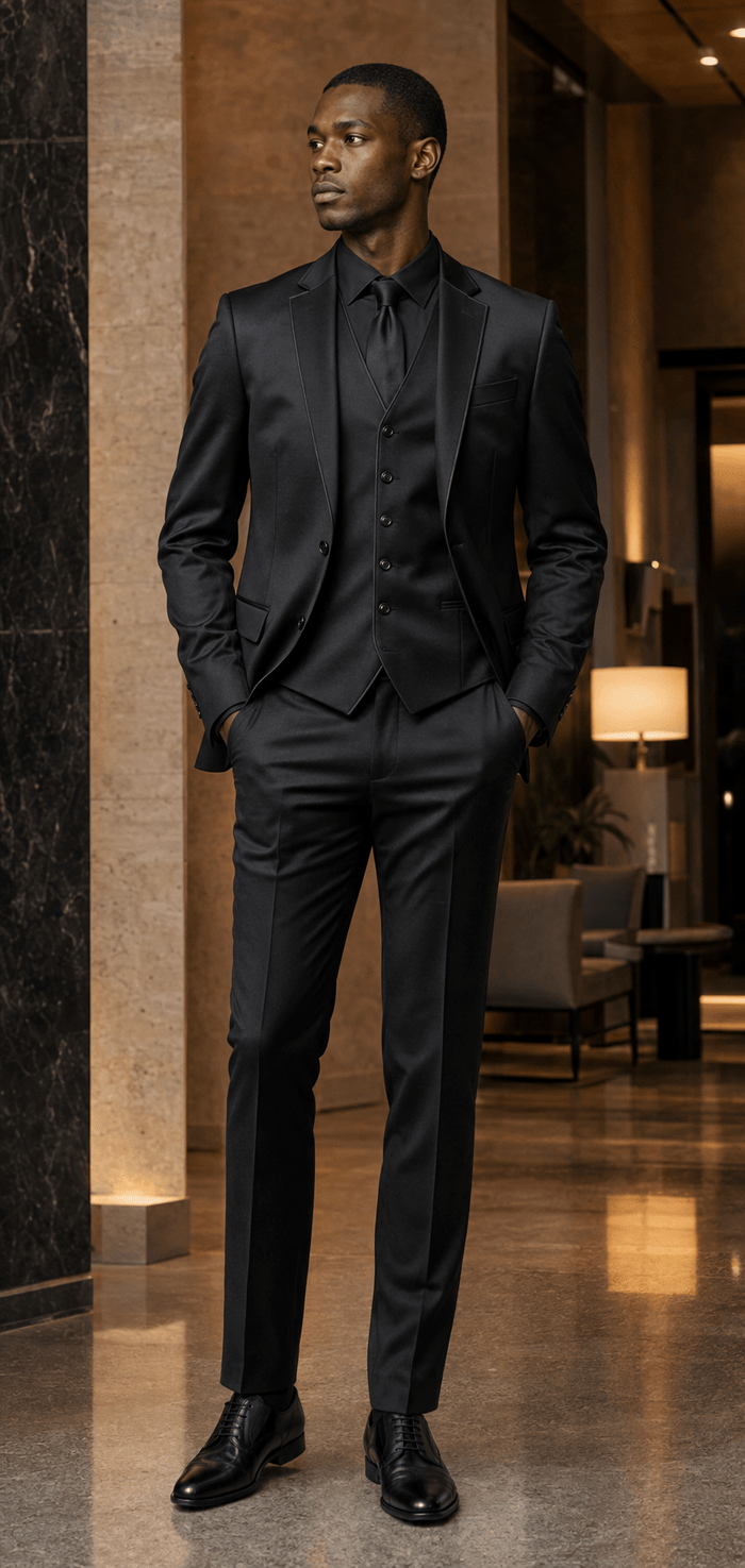 Men’s Black Slim Fit 3-Piece Satin-Look Suit with Vest – Valdoro Collection - Upscale Men's Fashion