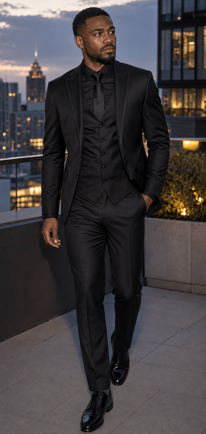 Men’s Black Slim Fit 3-Piece Satin-Look Suit with Vest – Valdoro Collection - Upscale Men's Fashion