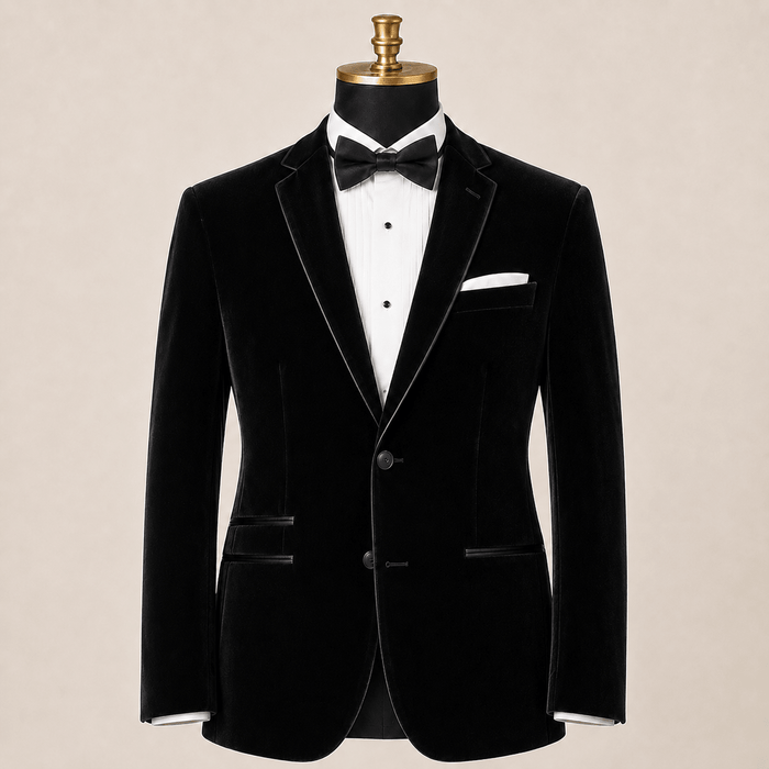 Men's Black Velvet Regular Fit Sport Coat with Black Trim - Upscale Men's Fashion