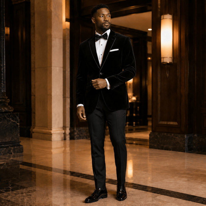 Men's Black Velvet Regular Fit Sport Coat with Black Trim - Upscale Men's Fashion