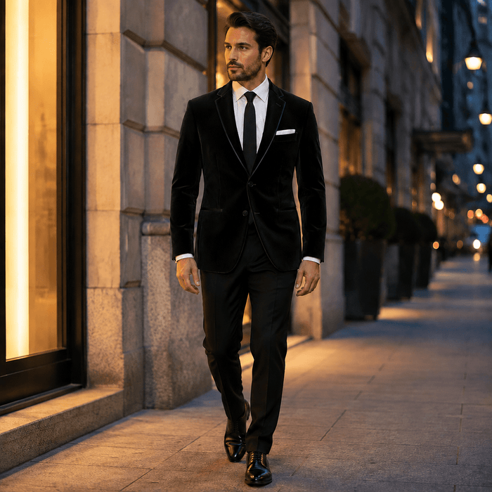 Men's Black Velvet Regular Fit Sport Coat with Black Trim - Upscale Men's Fashion