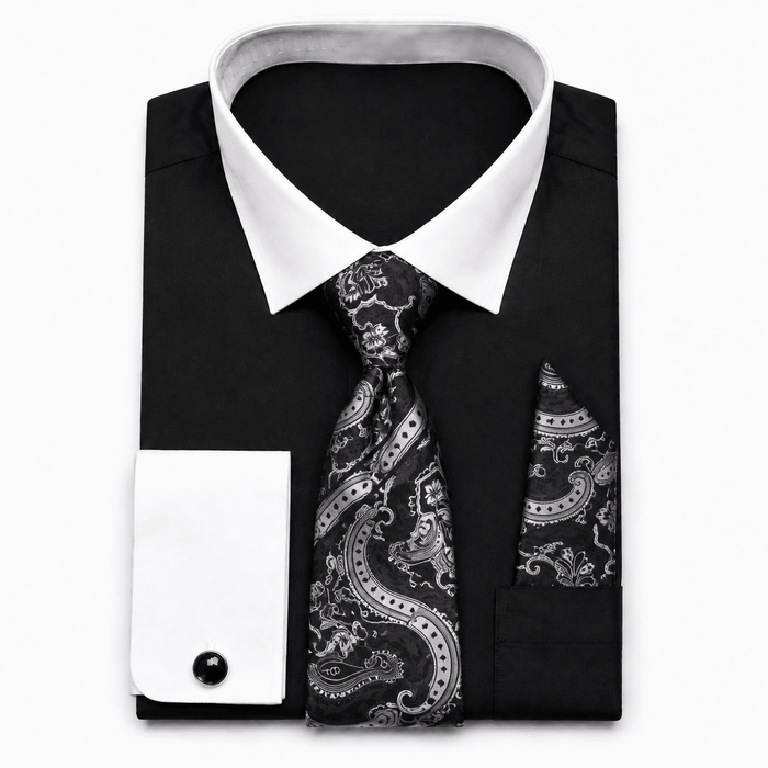 Men's Black White Collar French Cuff Dress Shirt Set - Upscale Men's Fashion