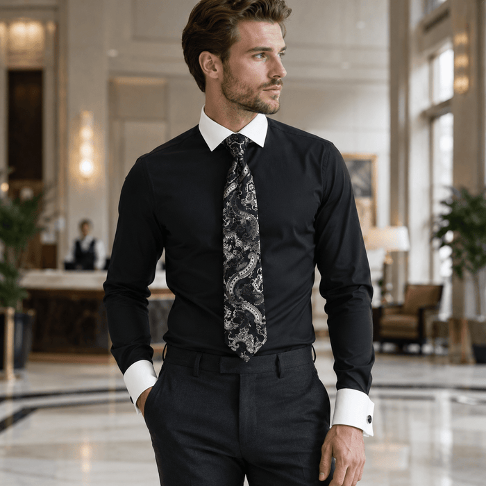 Men's Black White Collar French Cuff Dress Shirt Set - Upscale Men's Fashion