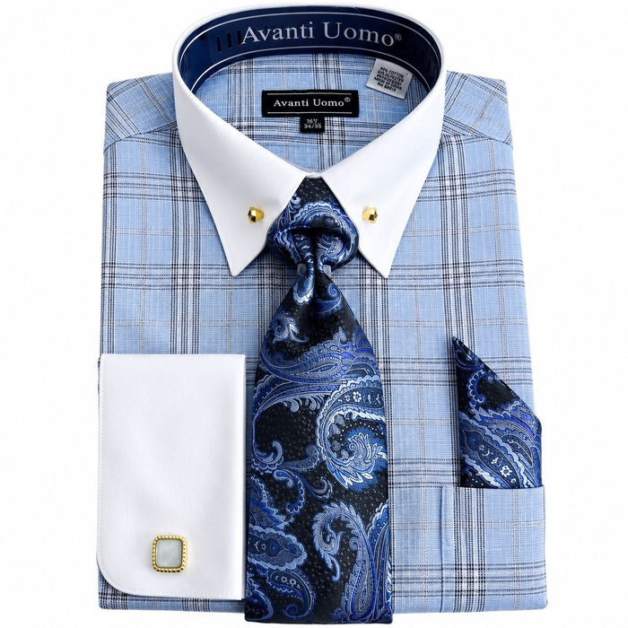 Men's Blue Glen Plaid French Cuff Dress Shirt Set - Upscale Men's Fashion